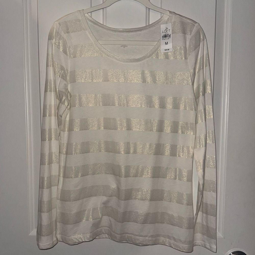LOFT Cream and Gold Stripe Long Sleeve T-shirt